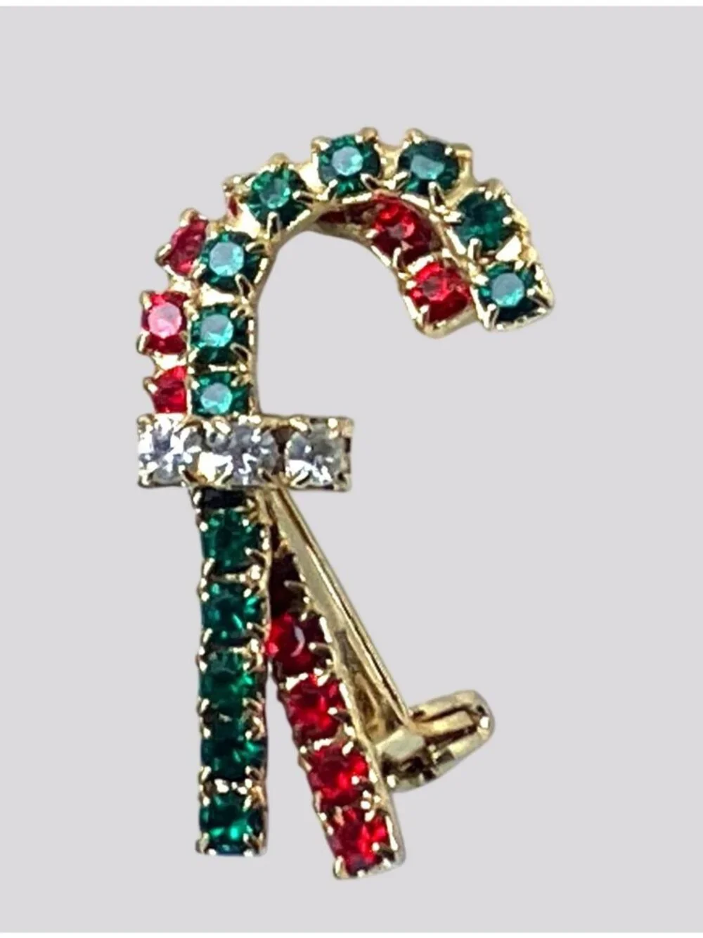 Vintage Gold Tone Rhinestone Candy Cane Brooch Pin Red Green and Clear Stones